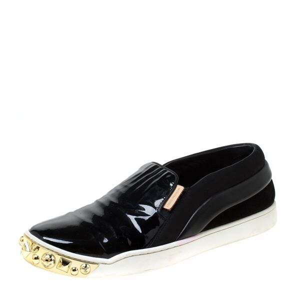 Louis Vuitton Black Patent Leather and Suede Studded Slip On Sneakers Size 36.5 - Picture 1 of 4